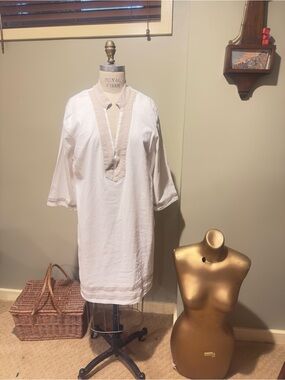White Linen-Tunic with Beige Trim- cotton Lining and Side Zip